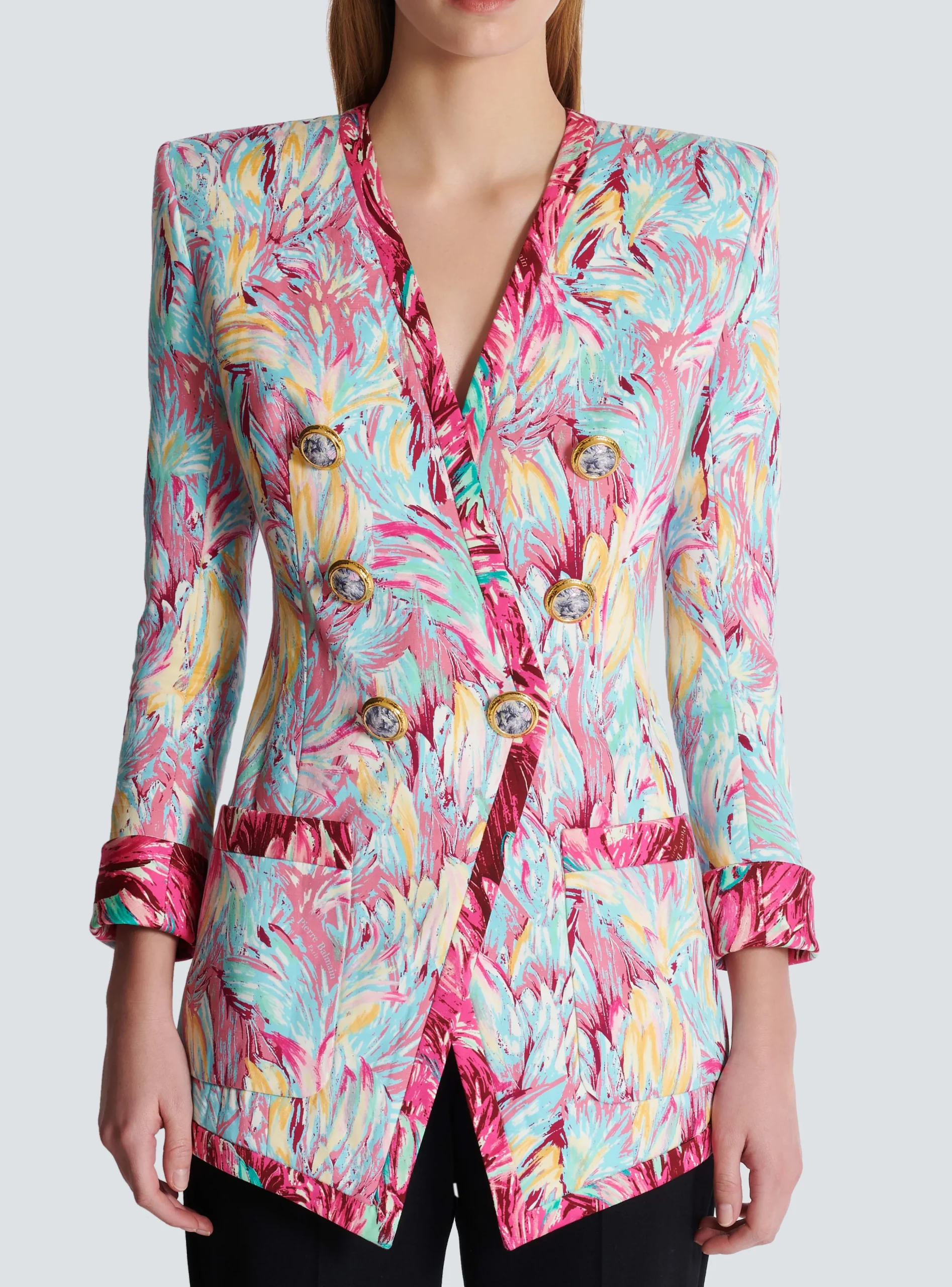 Long 6-button Jacket With Feather Print-Balmain Shop