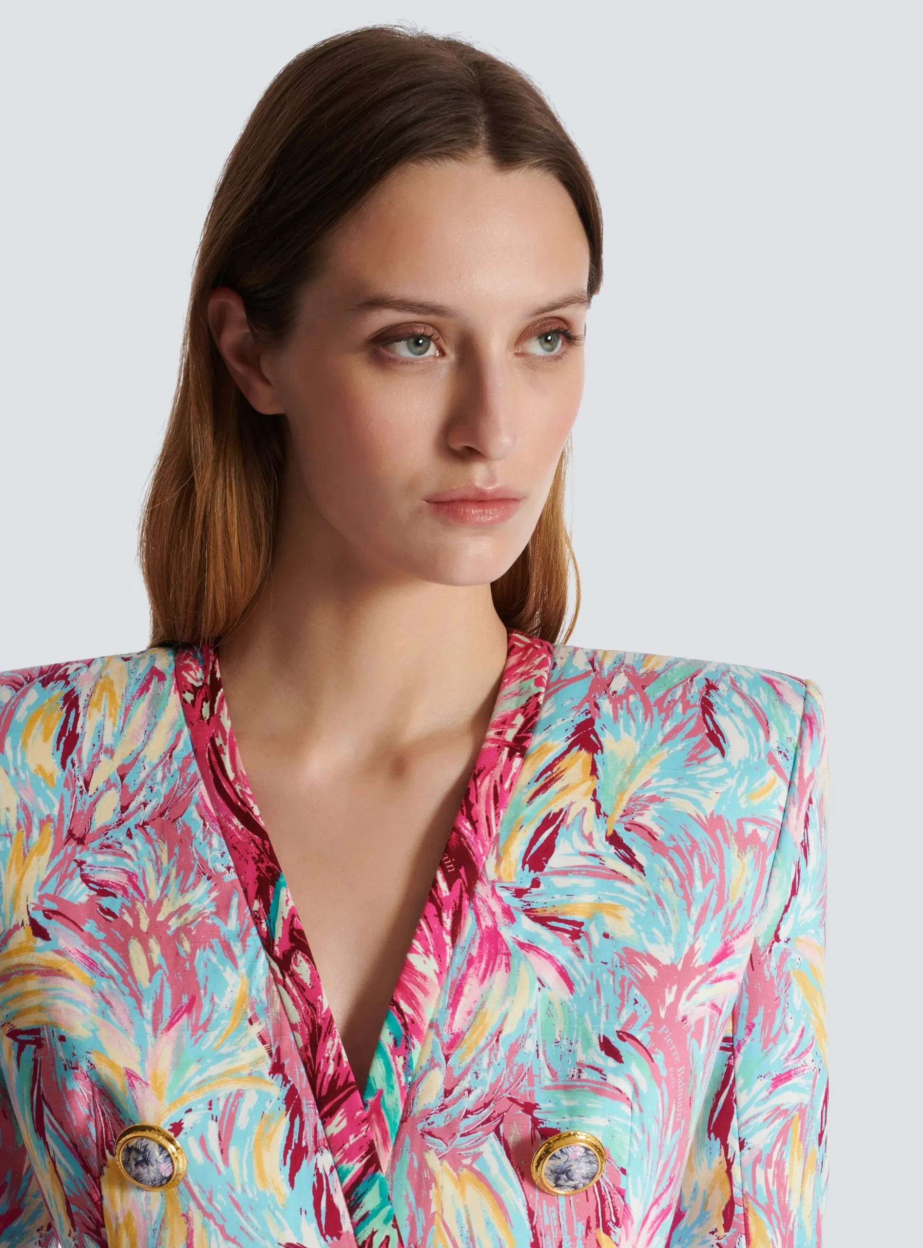 Long 6-button Jacket With Feather Print-Balmain Shop