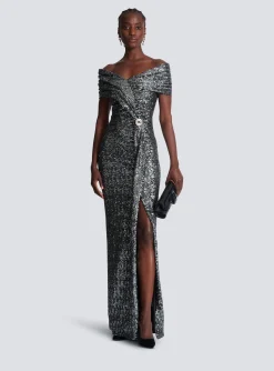 Long Draped Sequin Dress-Balmain Fashion