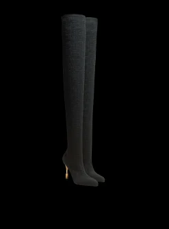 Moneta Mesh Thigh Boots With Monogram-Balmain New