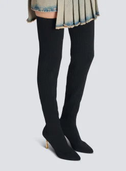 Moneta Mesh Thigh Boots With Monogram-Balmain New