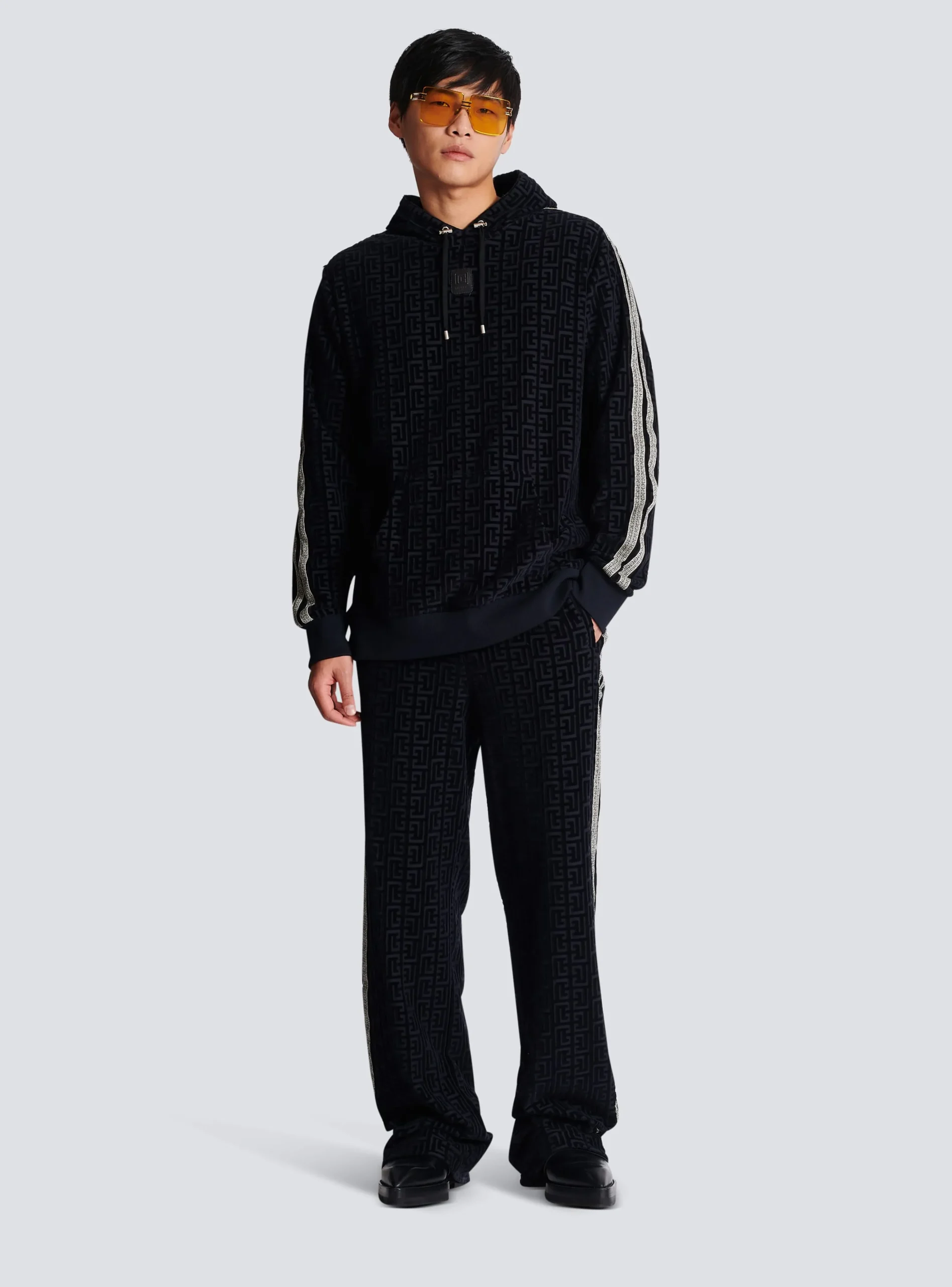 Monogrammed Velvet Hooded Sweatshirt-Balmain Discount