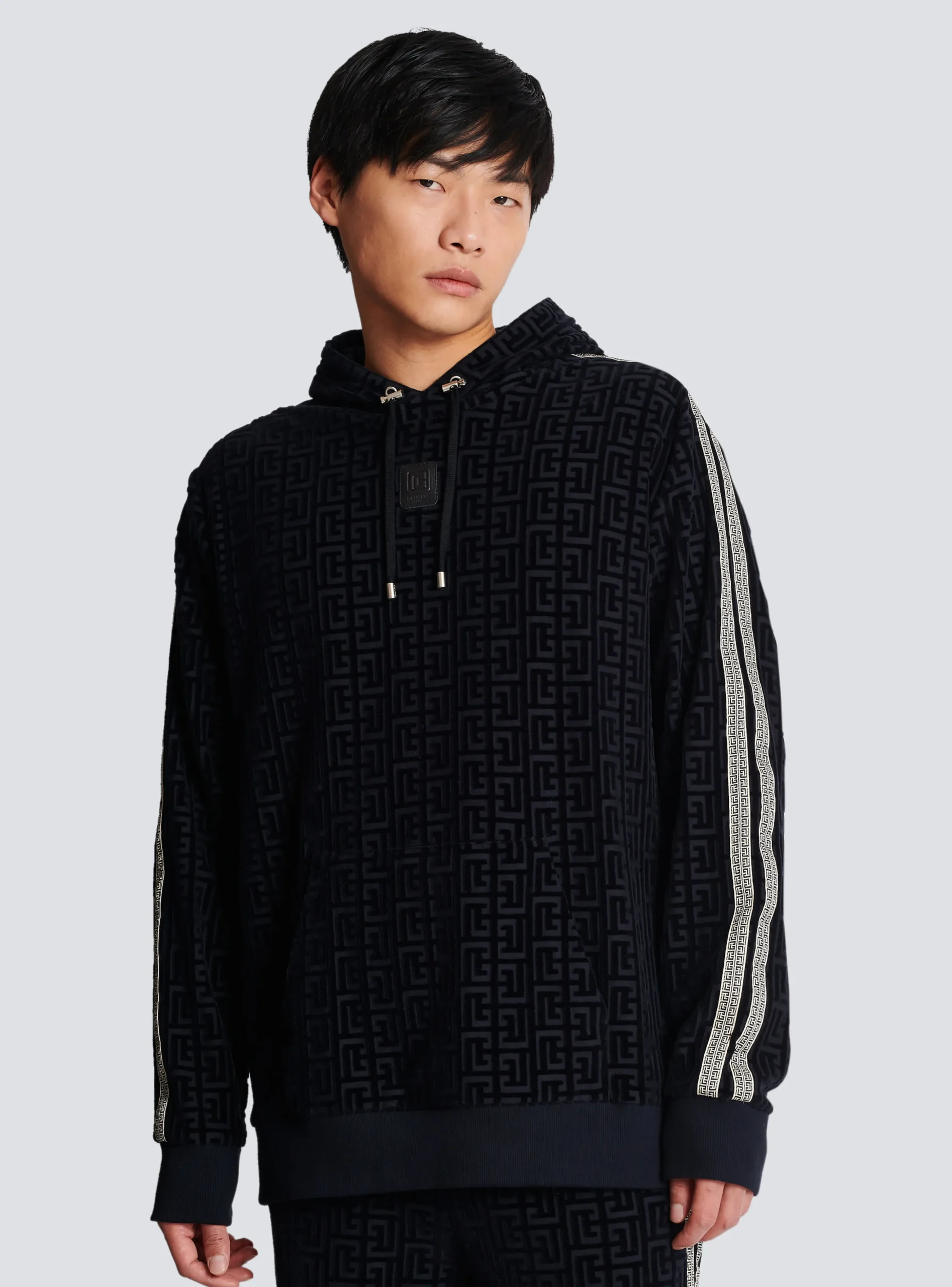 Monogrammed Velvet Hooded Sweatshirt-Balmain Discount