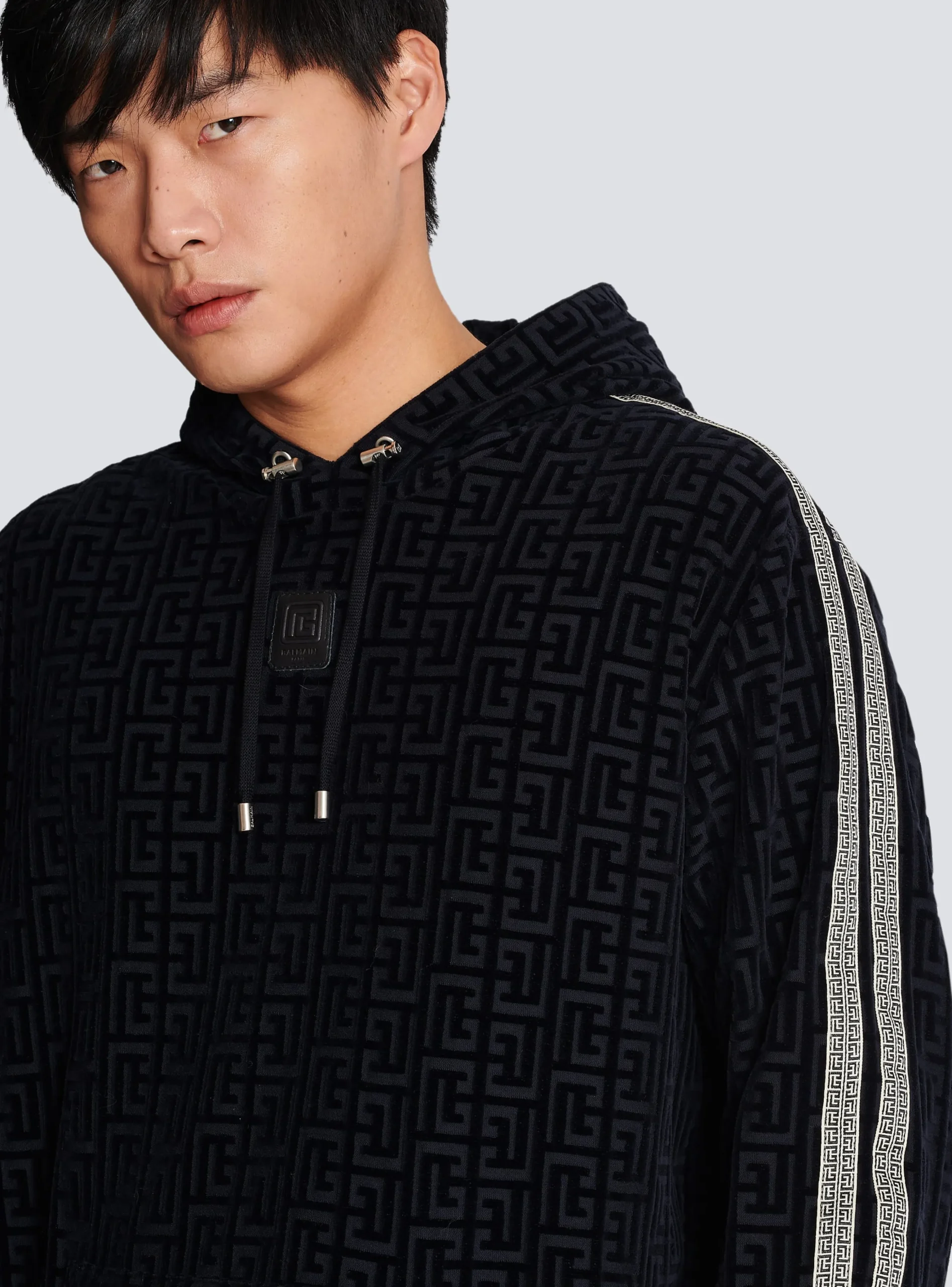 Monogrammed Velvet Hooded Sweatshirt-Balmain Discount