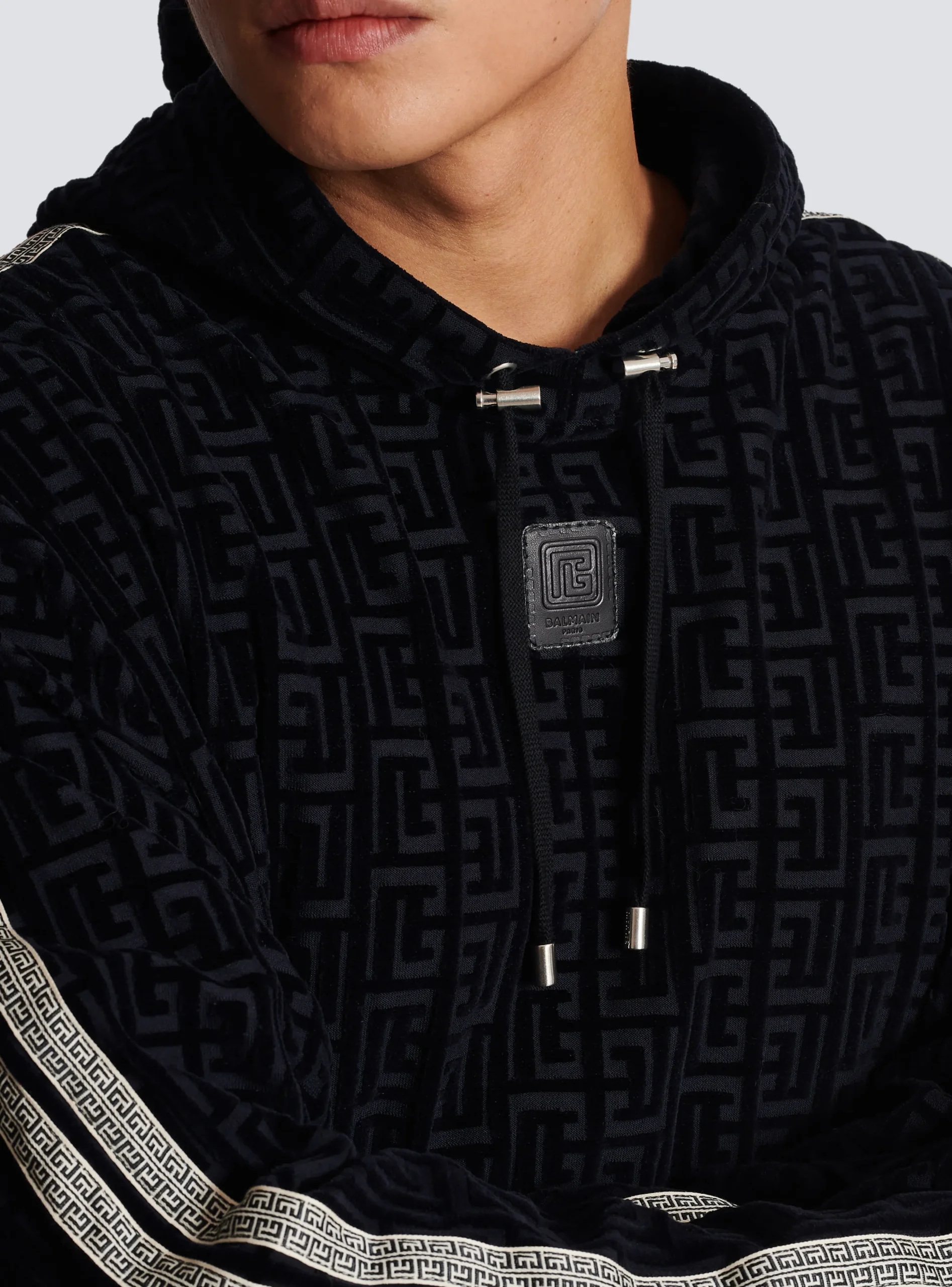 Monogrammed Velvet Hooded Sweatshirt-Balmain Discount