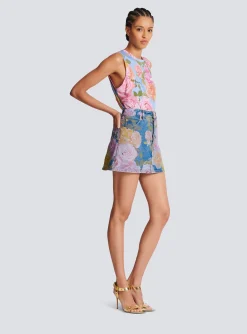 Pastel Roses Printed Denim Skirt-Balmain Cheap