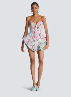 Peplum Bustier Dress With Feather Print-Balmain Cheap