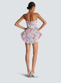 Peplum Bustier Dress With Feather Print-Balmain Cheap
