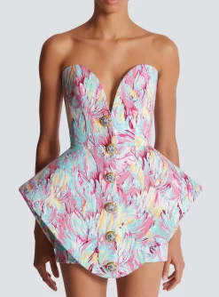 Peplum Bustier Dress With Feather Print-Balmain Cheap