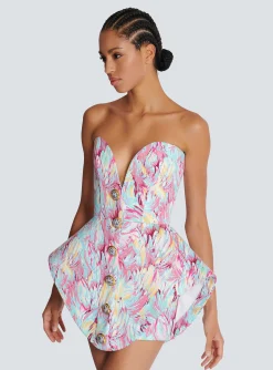 Peplum Bustier Dress With Feather Print-Balmain Cheap