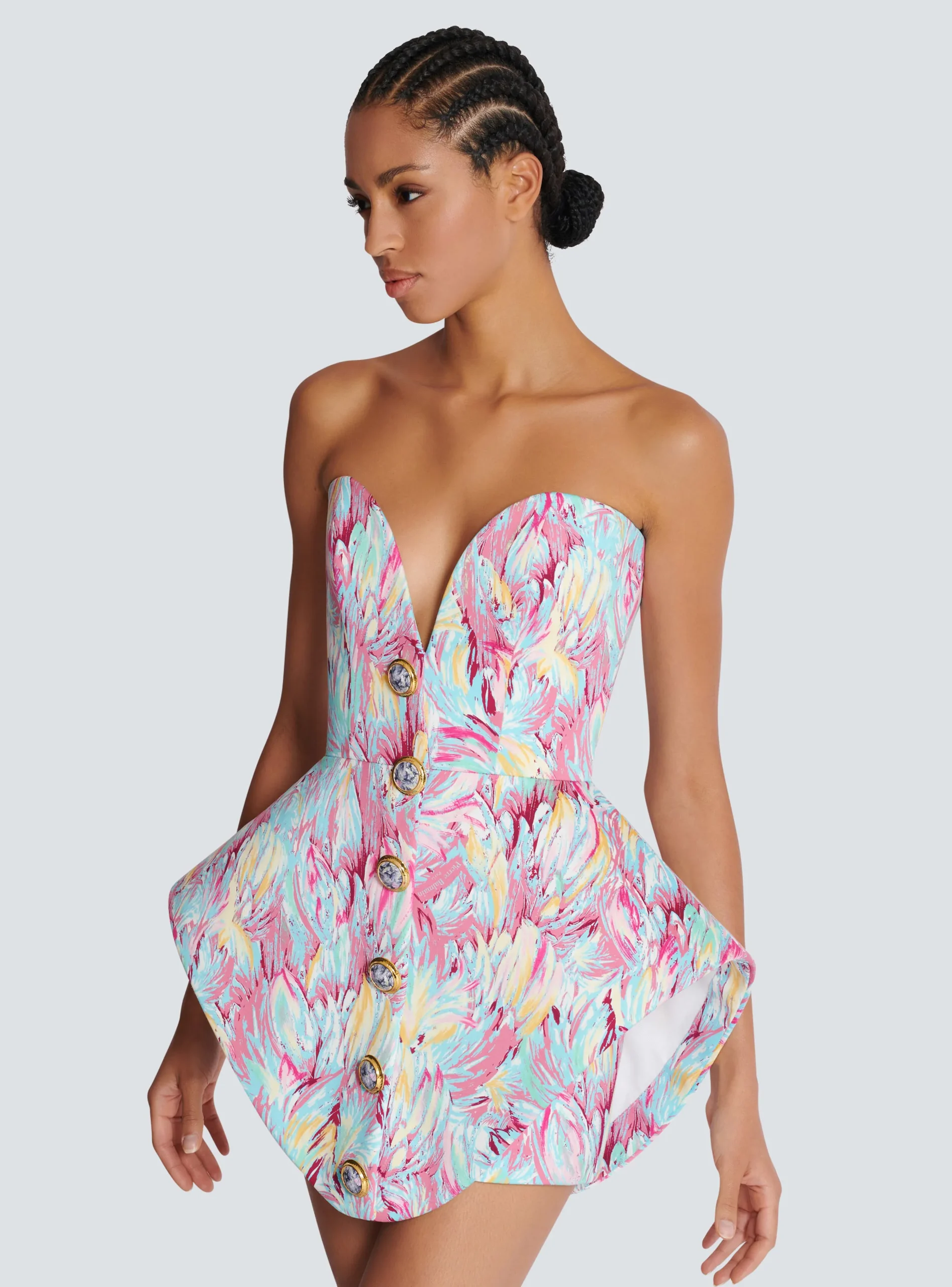 Peplum Bustier Dress With Feather Print-Balmain Cheap