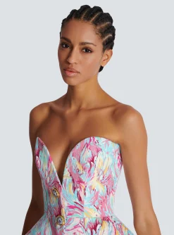 Peplum Bustier Dress With Feather Print-Balmain Cheap