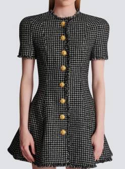 Pleated Flared Dress In Gingham Tweed-Balmain Best