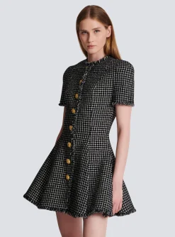 Pleated Flared Dress In Gingham Tweed-Balmain Best