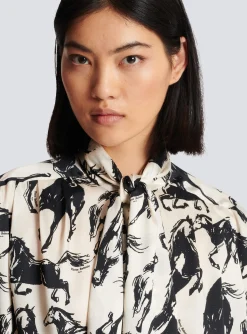 Printed Silk Shirt With Tie Neck-Balmain Shop
