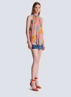Pussy Bow Top With Pastel Roses Print-Balmain Fashion