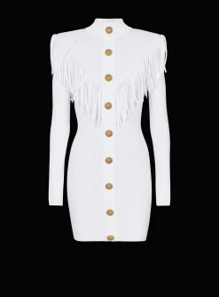 Short Fringed Fine Knit Dress-Balmain Sale