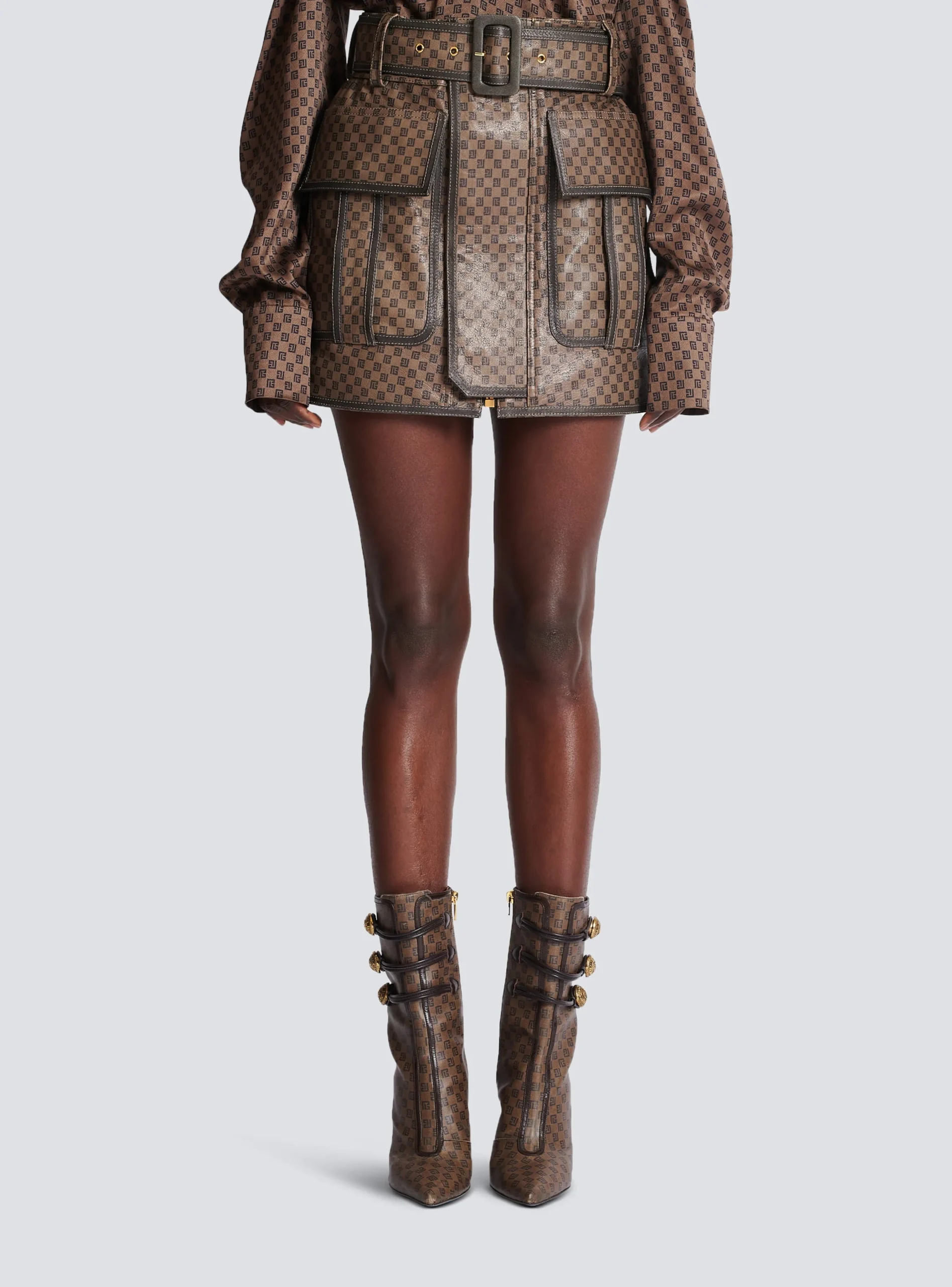 Short Leather Skirt With Mini Monogram Print-Balmain Cheap