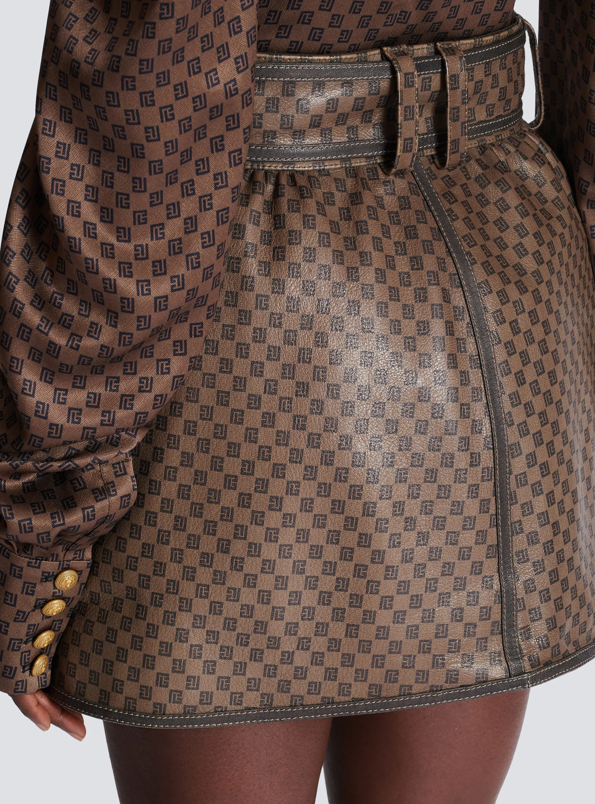 Short Leather Skirt With Mini Monogram Print-Balmain Cheap