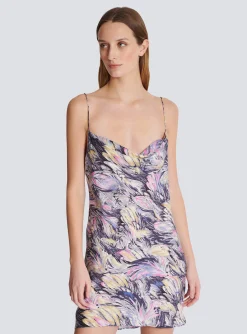 Short Satin Slip Dress With Feather Print-Balmain Clearance