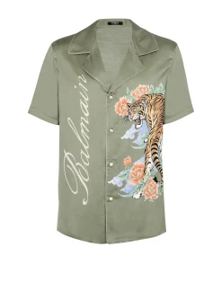 Short-sleeved Satin Shirt With Tiger Print-Balmain Outlet