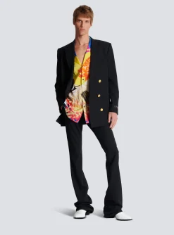 Short-sleeved Satin Shirt With Crane Print-Balmain Fashion