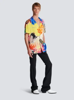 Short-sleeved Satin Shirt With Crane Print-Balmain Fashion