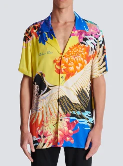 Short-sleeved Satin Shirt With Crane Print-Balmain Fashion