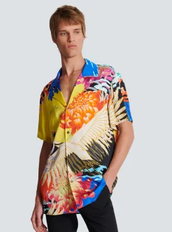 Short-sleeved Satin Shirt With Crane Print-Balmain Fashion