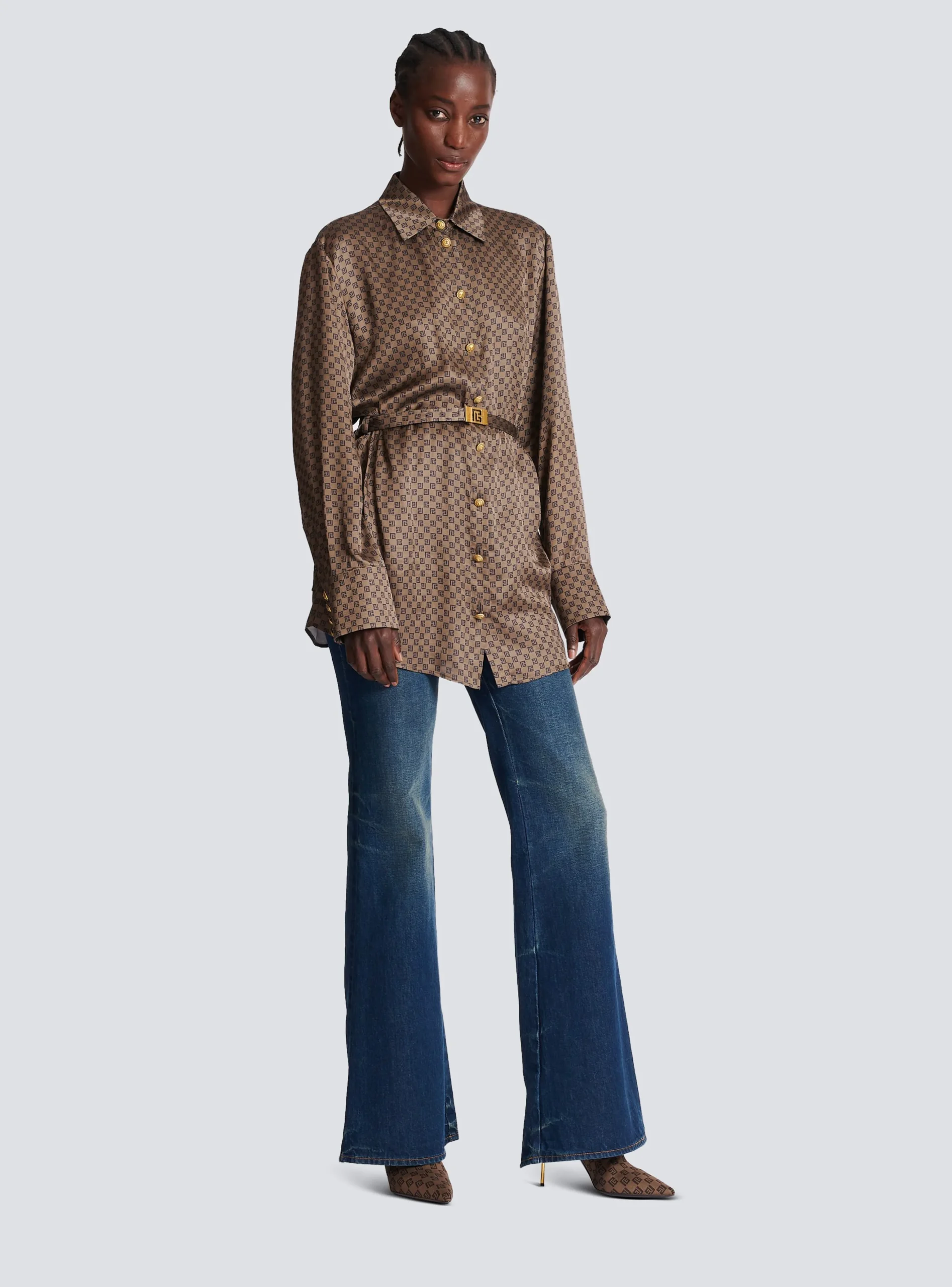 Silk Shirt With A Mini Monogram Print-Balmain Cheap