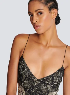 Snakeskin Silk And Lace Spaghetti Strap Dress-Balmain Outlet