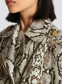 Snakeskin-effect Leather Biker Jacket-Balmain Cheap