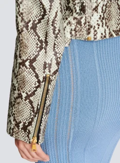 Snakeskin-effect Leather Biker Jacket-Balmain Cheap