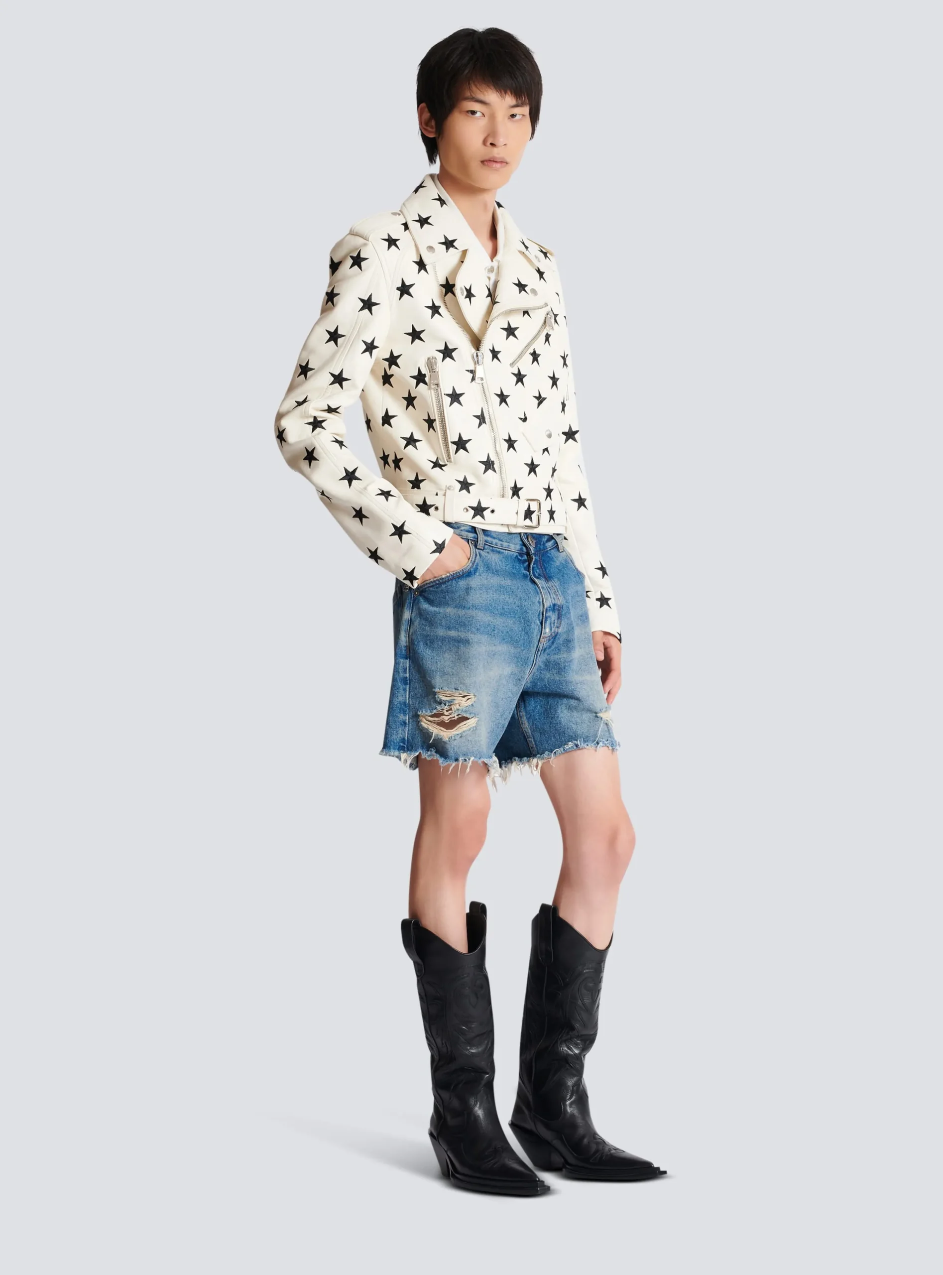 Stars Biker Jacket In Embroidered Leather-Balmain Sale