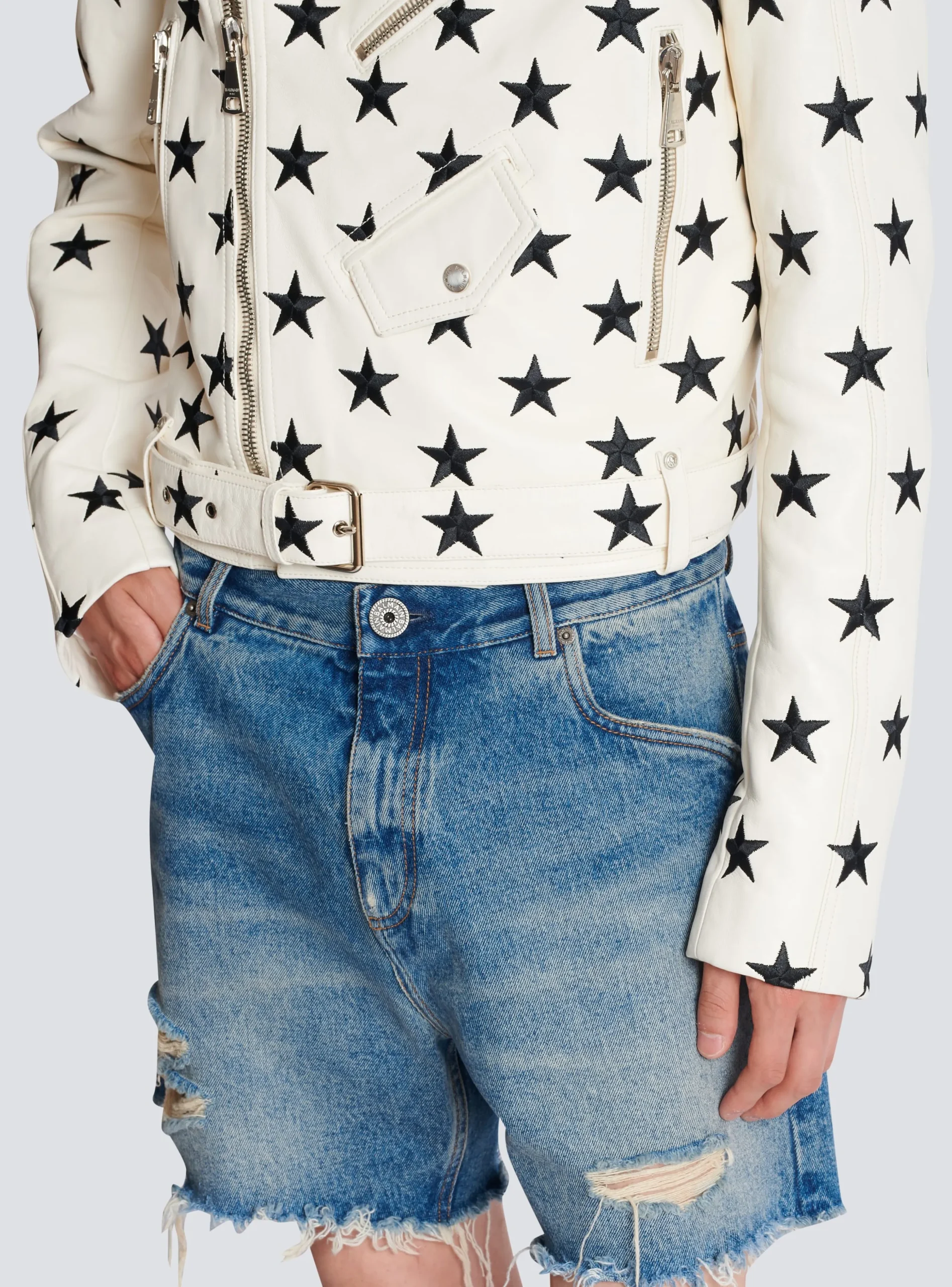 Stars Biker Jacket In Embroidered Leather-Balmain Sale