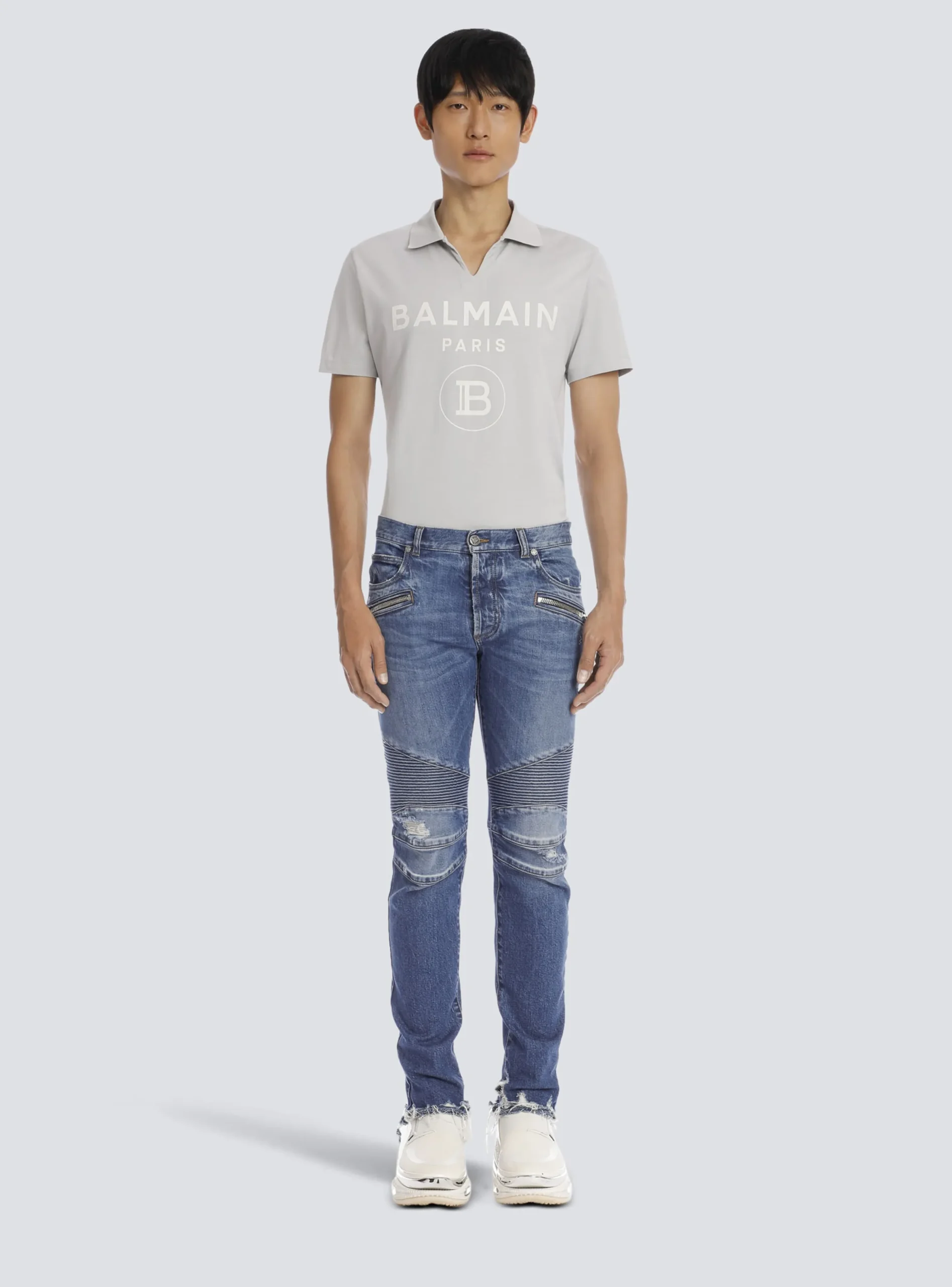 Tapered Ripped Cotton Jeans-Balmain Clearance