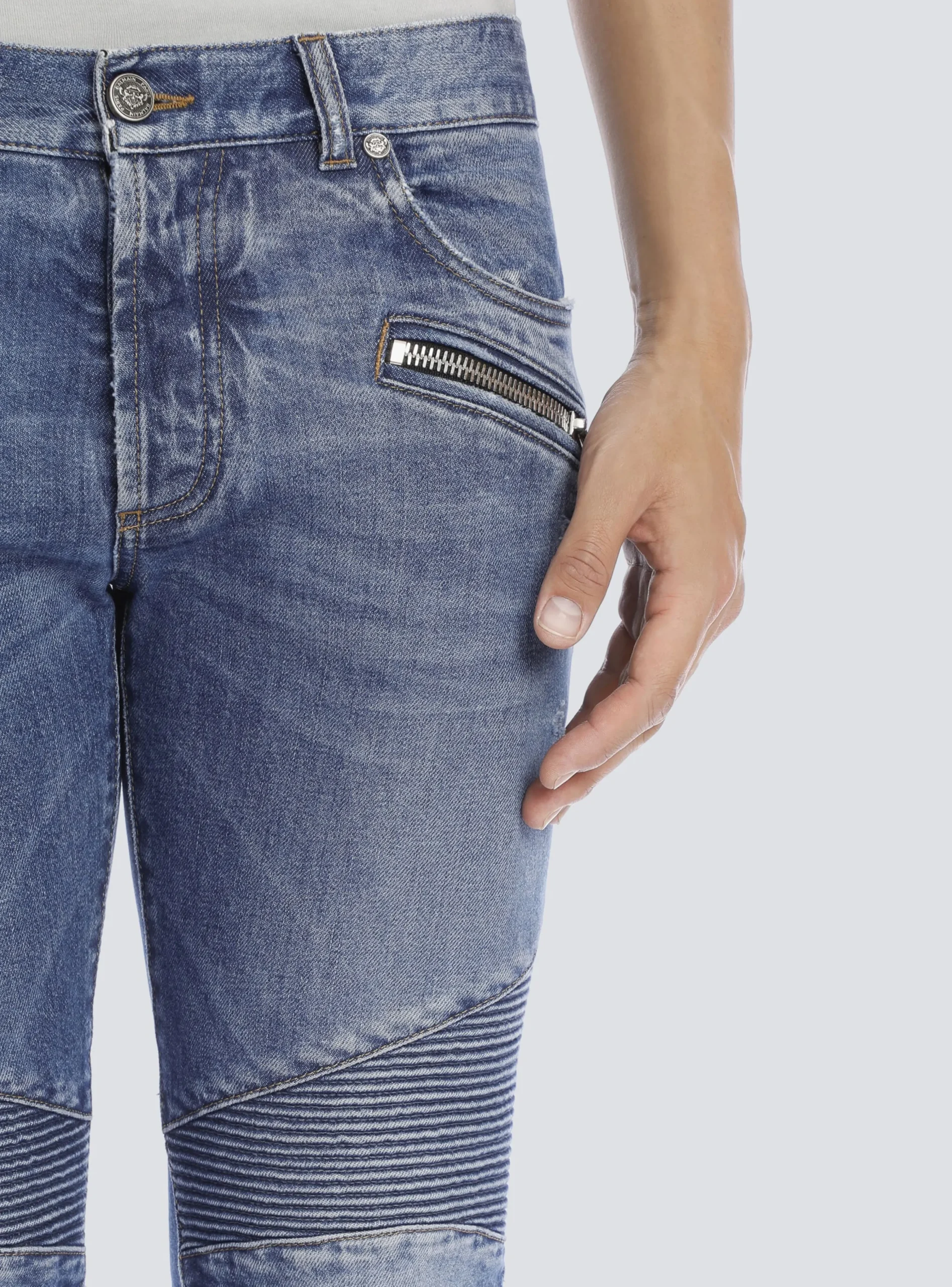 Tapered Ripped Cotton Jeans-Balmain Clearance