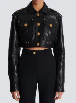 Topstitched Cropped Leather Jacket-Balmain Clearance
