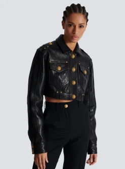 Topstitched Cropped Leather Jacket-Balmain Clearance