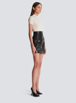 Topstitched Leather Skirt With Buttons-Balmain Flash Sale