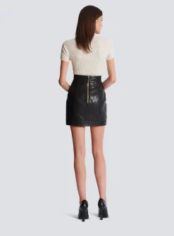 Topstitched Leather Skirt With Buttons-Balmain Flash Sale