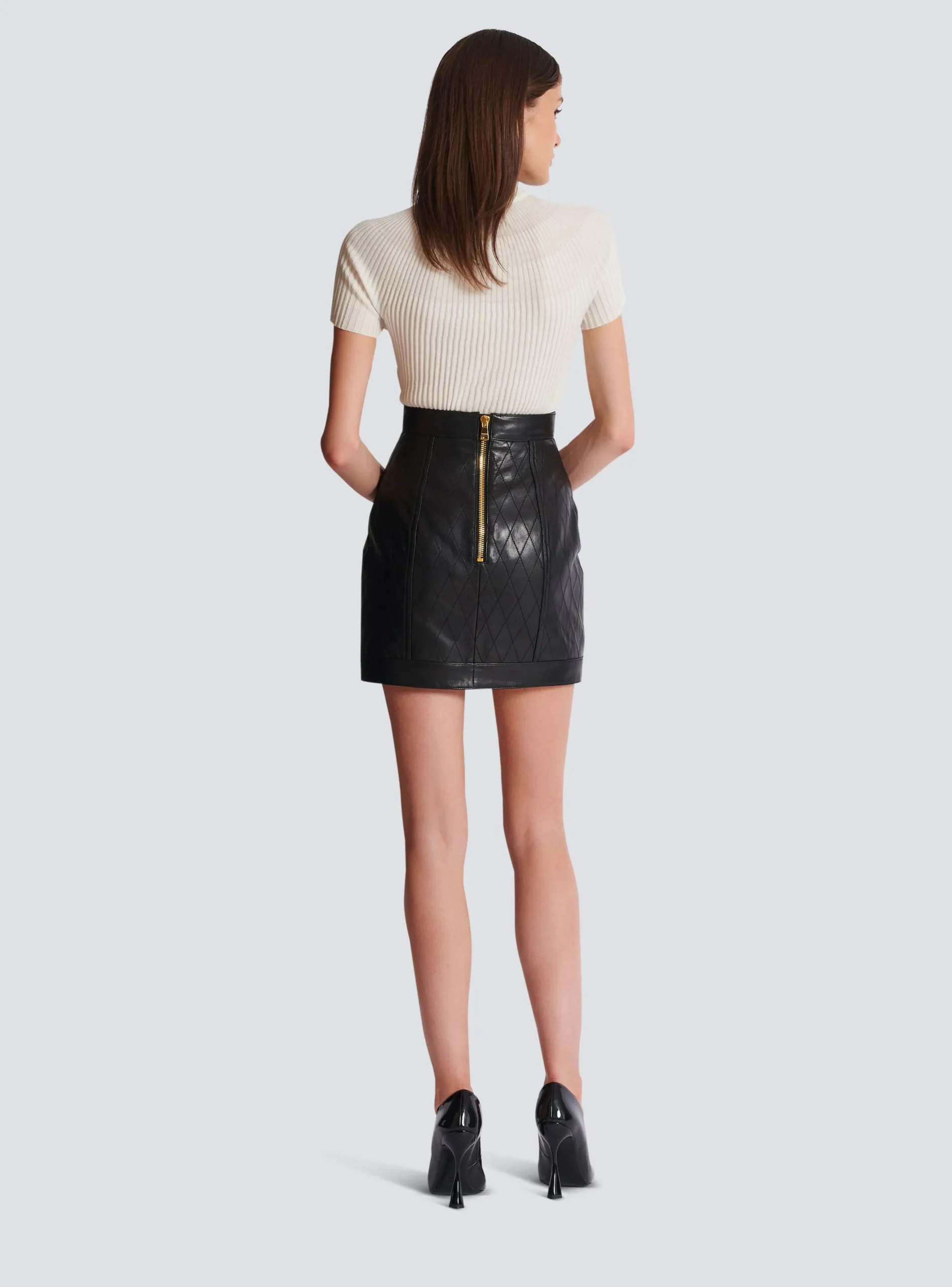 Topstitched Leather Skirt With Buttons-Balmain Flash Sale