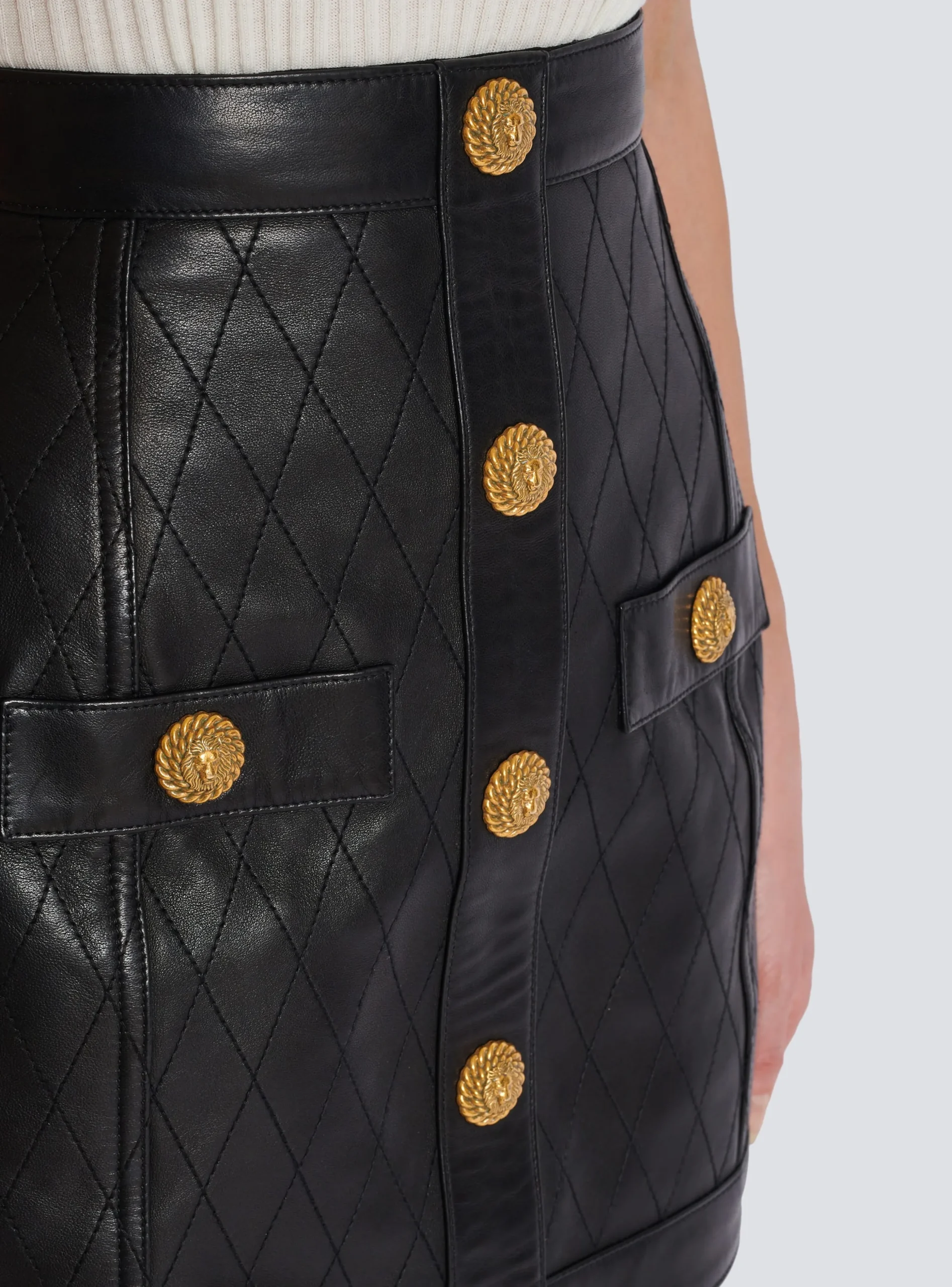 Topstitched Leather Skirt With Buttons-Balmain Flash Sale