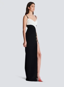 Two-tone Long Crepe Dress With Leg Slit-Balmain Clearance