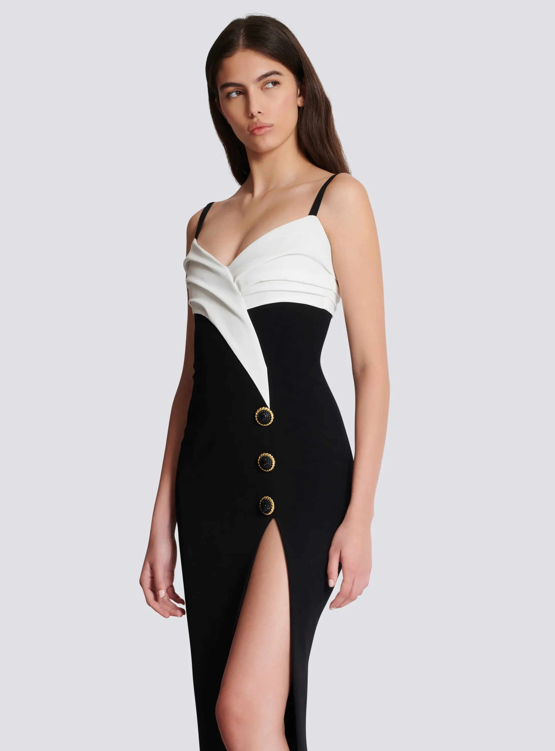 Two-tone Long Crepe Dress With Leg Slit-Balmain Clearance