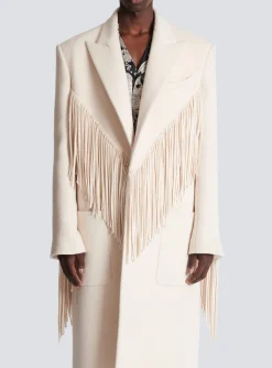 Unisex Long Fringed Wool And Cashmere Coat-Balmain Fashion