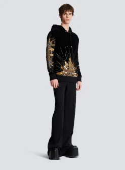 Velvet Hooded Sweatshirt With Embroidery-Balmain Shop