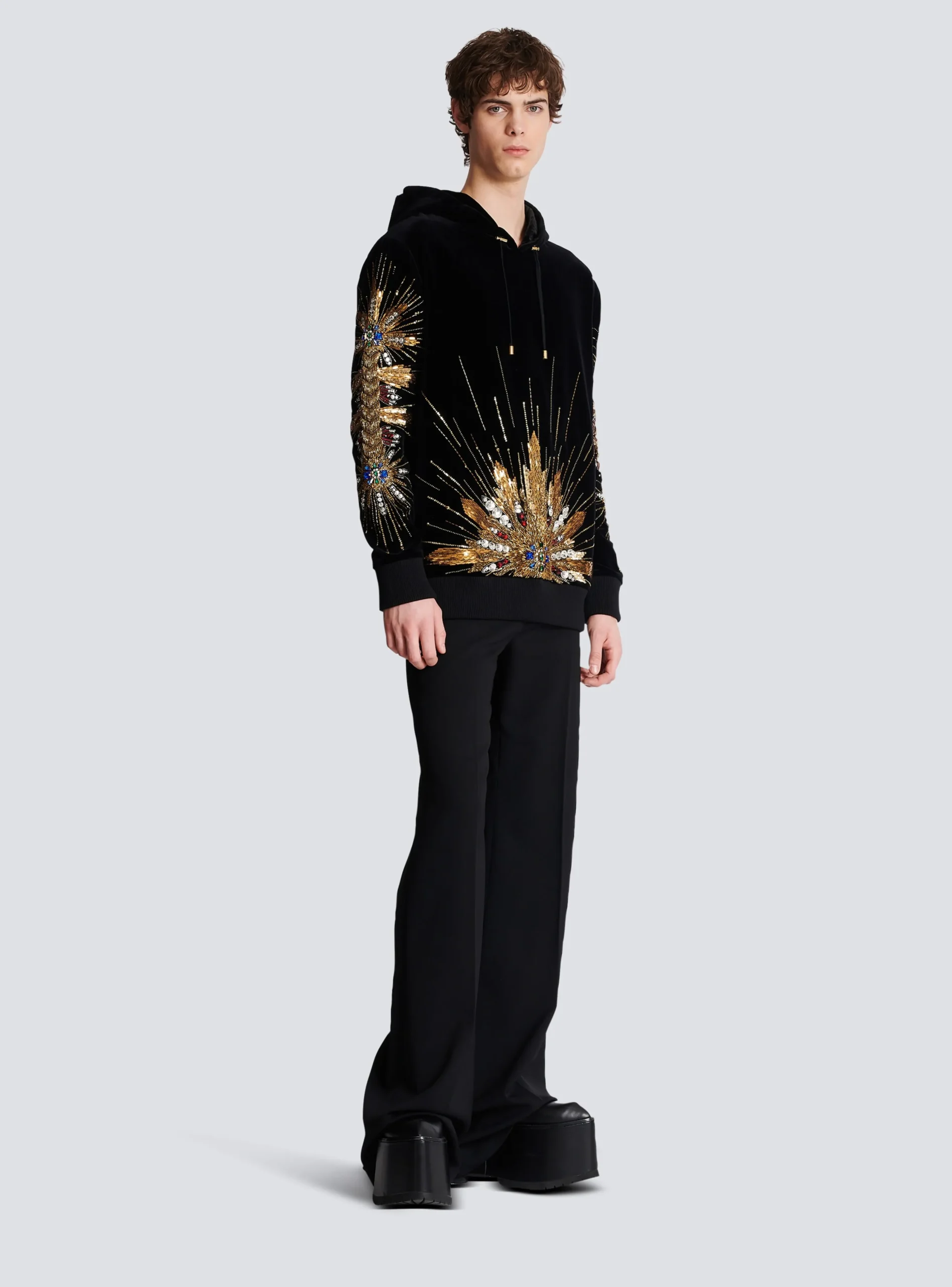 Velvet Hooded Sweatshirt With Embroidery-Balmain Shop