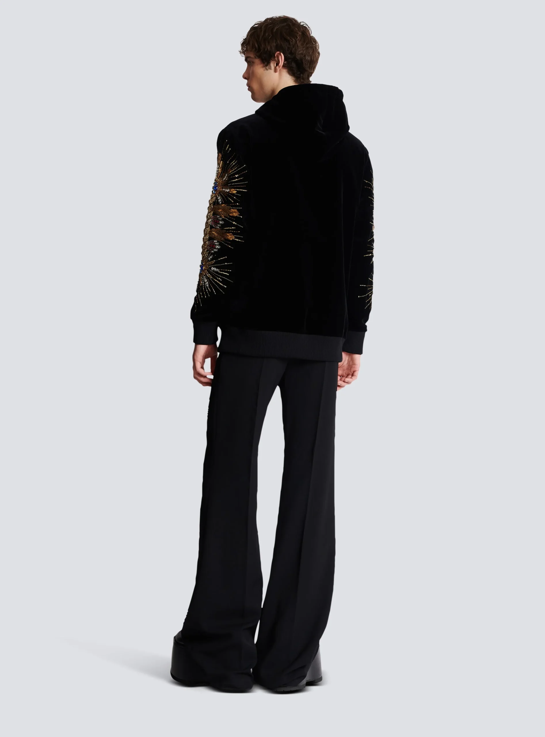Velvet Hooded Sweatshirt With Embroidery-Balmain Shop