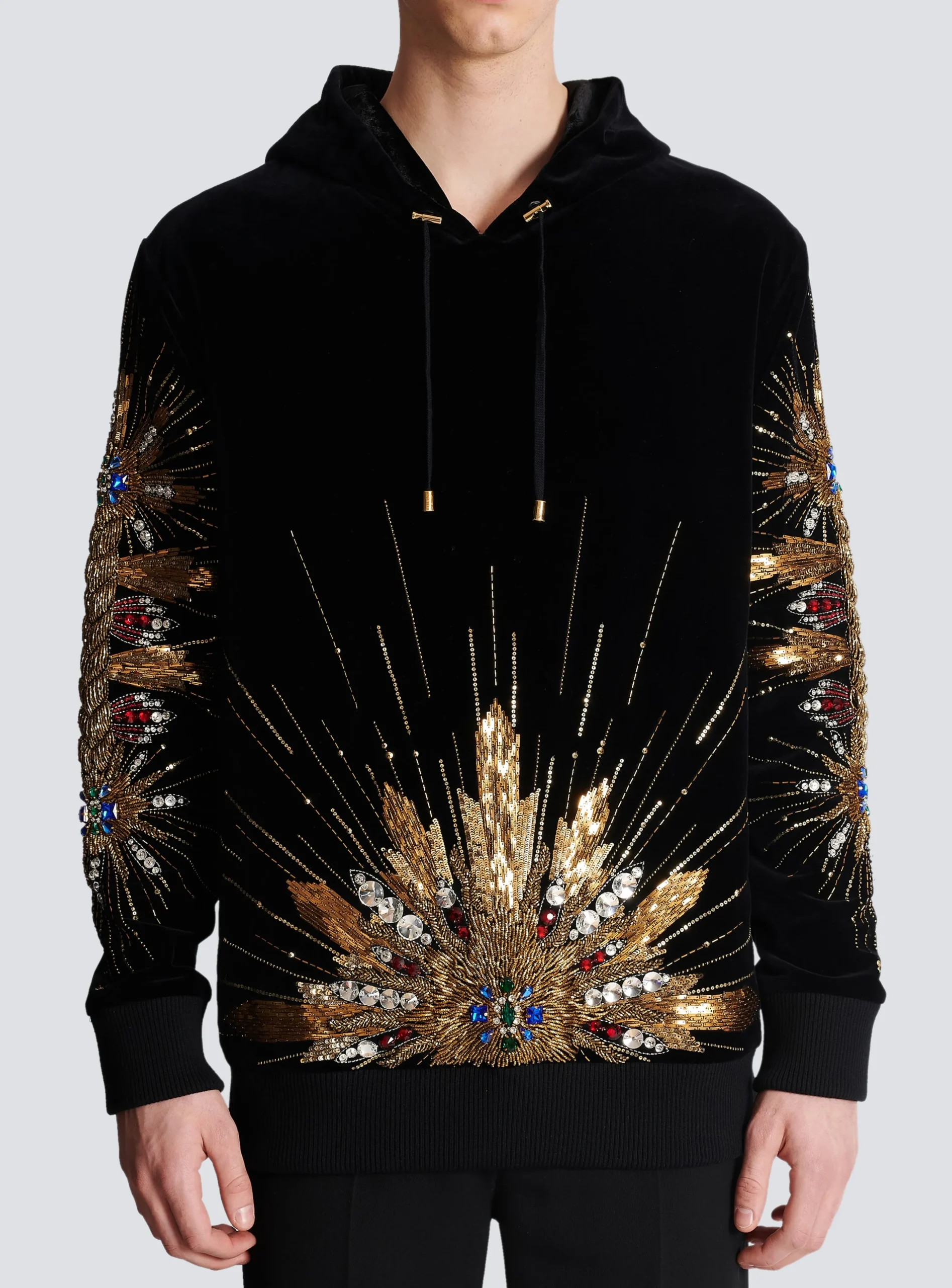 Velvet Hooded Sweatshirt With Embroidery-Balmain Shop